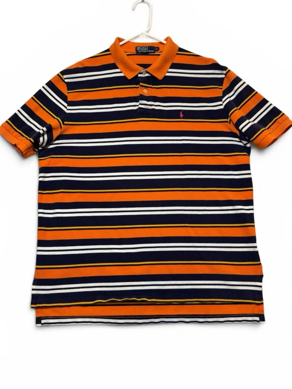 VTG Polo Ralph Lauren Striped Polo Shirt Orange Blue Pink Pony Sz XXL (fits XL)